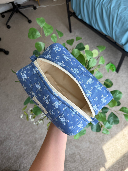Quilted Makeup Bag - Blue/Floral
