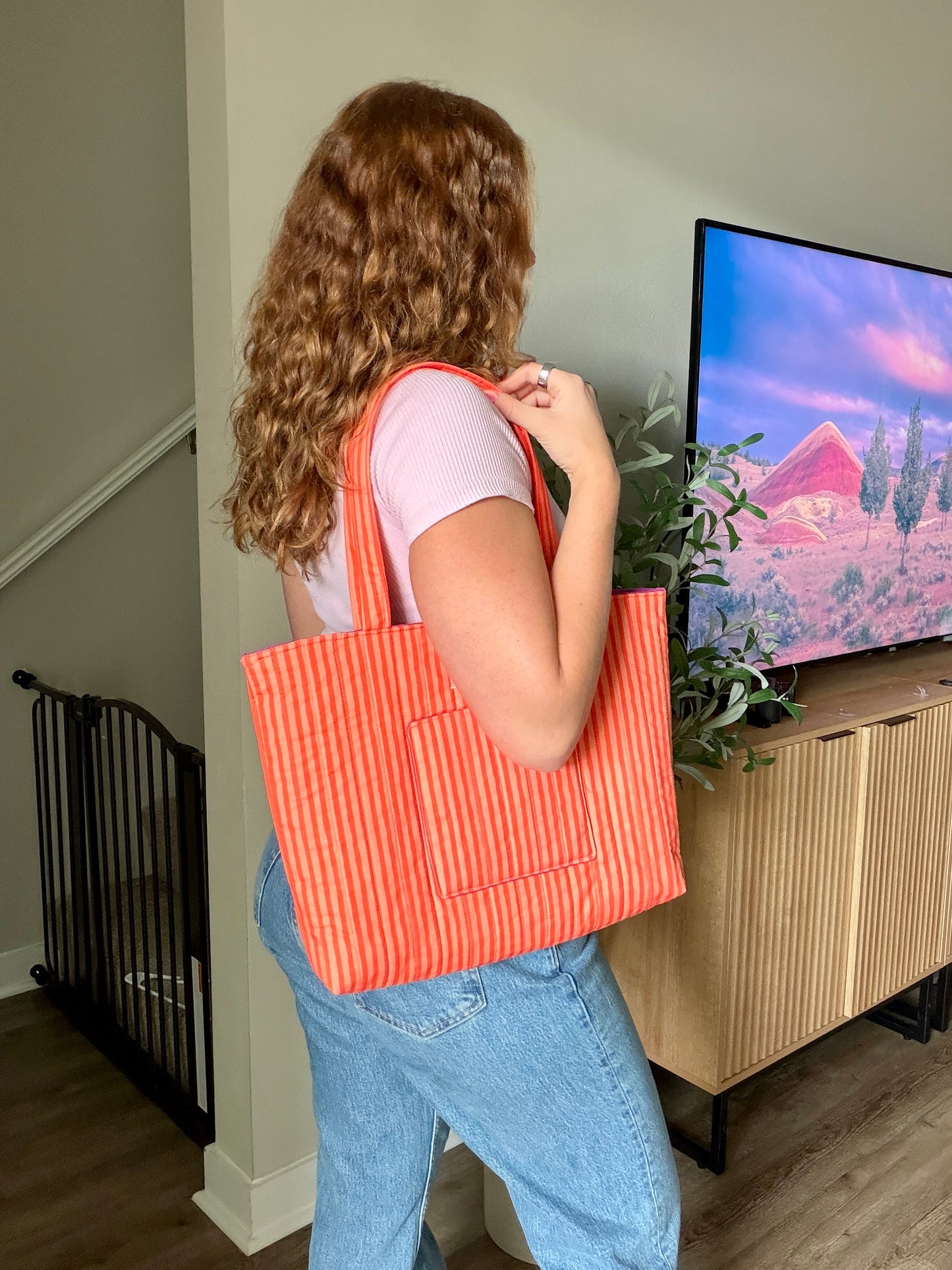 Quilted Tote Bag - Orange Stripe